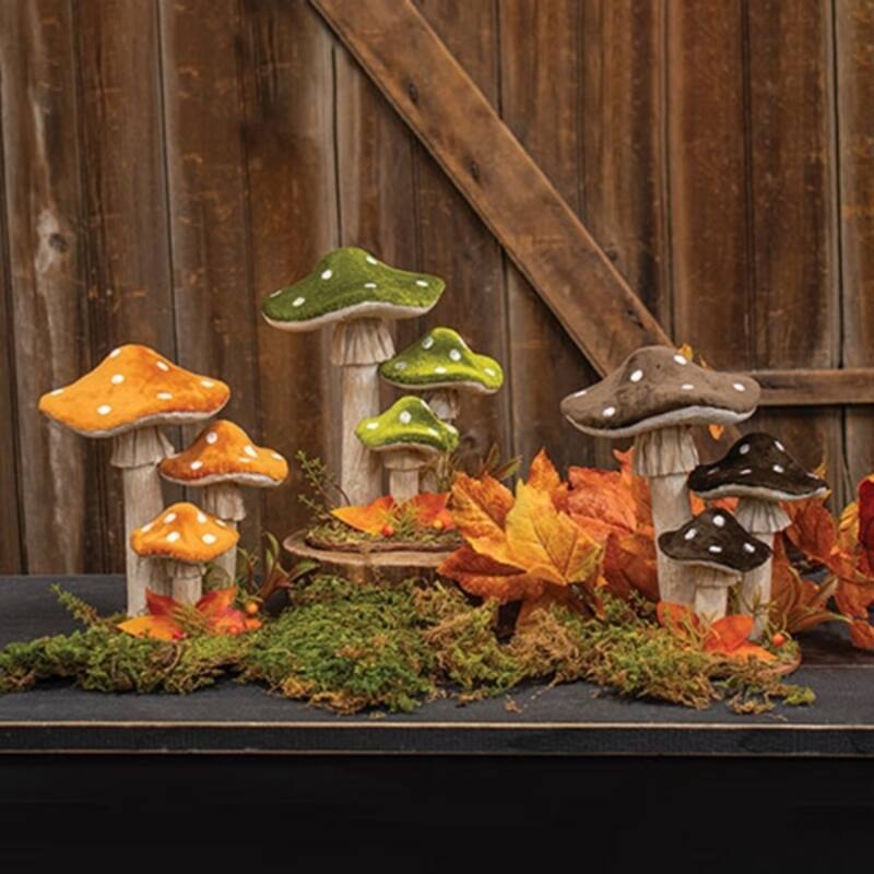 Velvet Mushroom Sitters Fall Decor Rustic Woodland Tabletop Accents with Moss Base - 3 Asstd - 8.5" H x 6" W