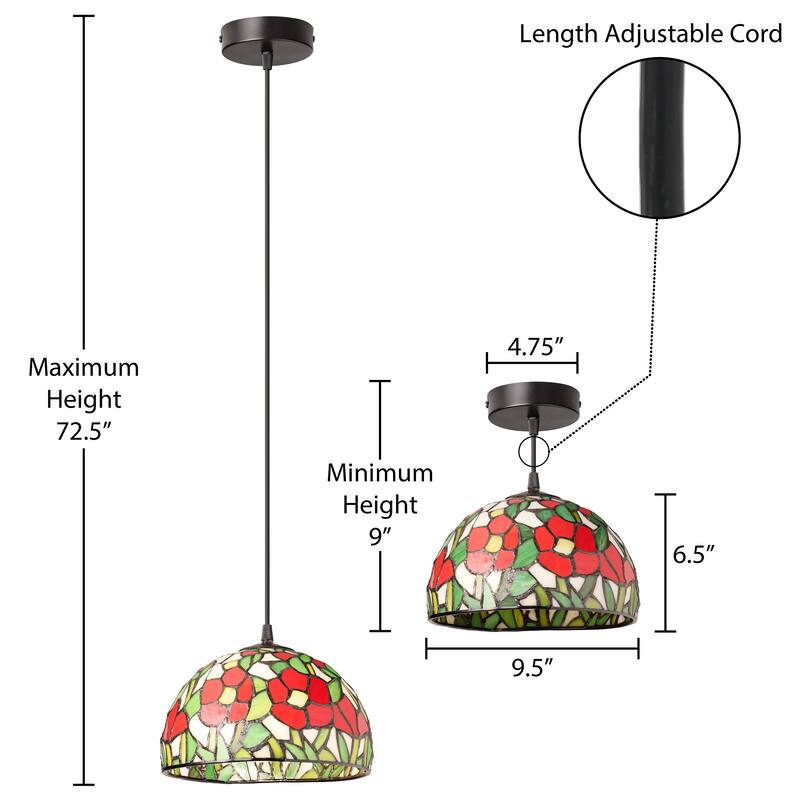 Flores River of Goods Black Metal and Stained Glass 9.5-Inch Pendant Light with Adjustable Hanging Cord - 9.5" x 9.5" x 72.5"