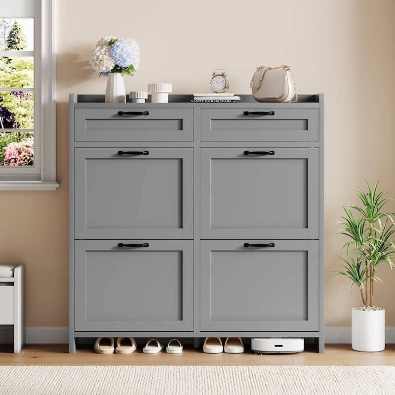 Freestanding Shoe Storage Cabinet Organizer with 4 Flip Drawers for Entryway Hallway Living Room - Grey