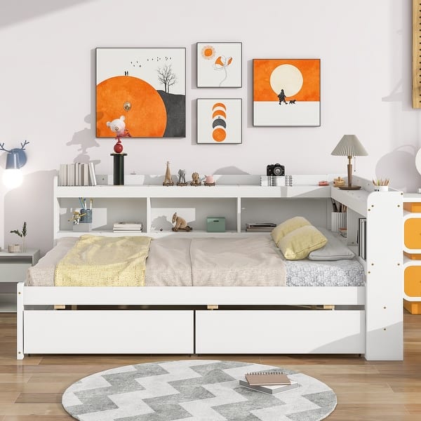 slide 2 of 54, Full Bed with L-Shaped Bookcase and Storage Drawers, Space-Saving Design Full White