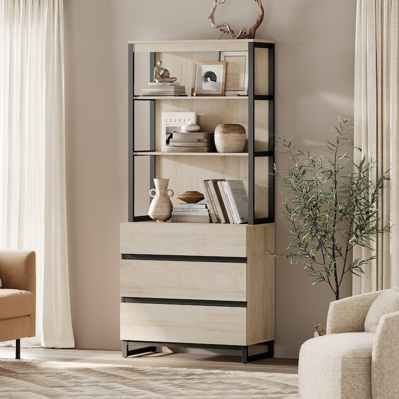 WAMPAT Modern 72" Tall Bookcase with Drawers and Open Book Shelfs, Library Book Shelf for Home Office, Living Room - 1 Piece - Beige