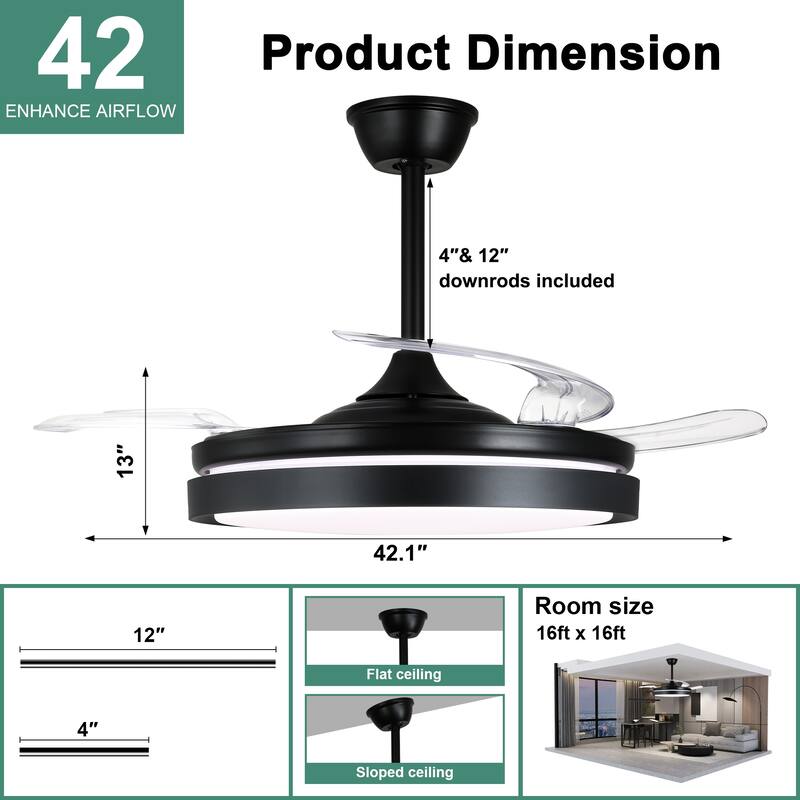 Cusp Barn 42 Inch Retractable Ceiling Fan with Lights, Modern Silent DC Motor 6 Speeds Chandelier Ceiling Fan for Bedroom