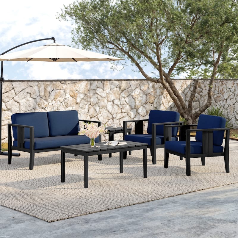 5-Piece Teak Wood Outdoor Conversation Set - Black frame - Navy/Black