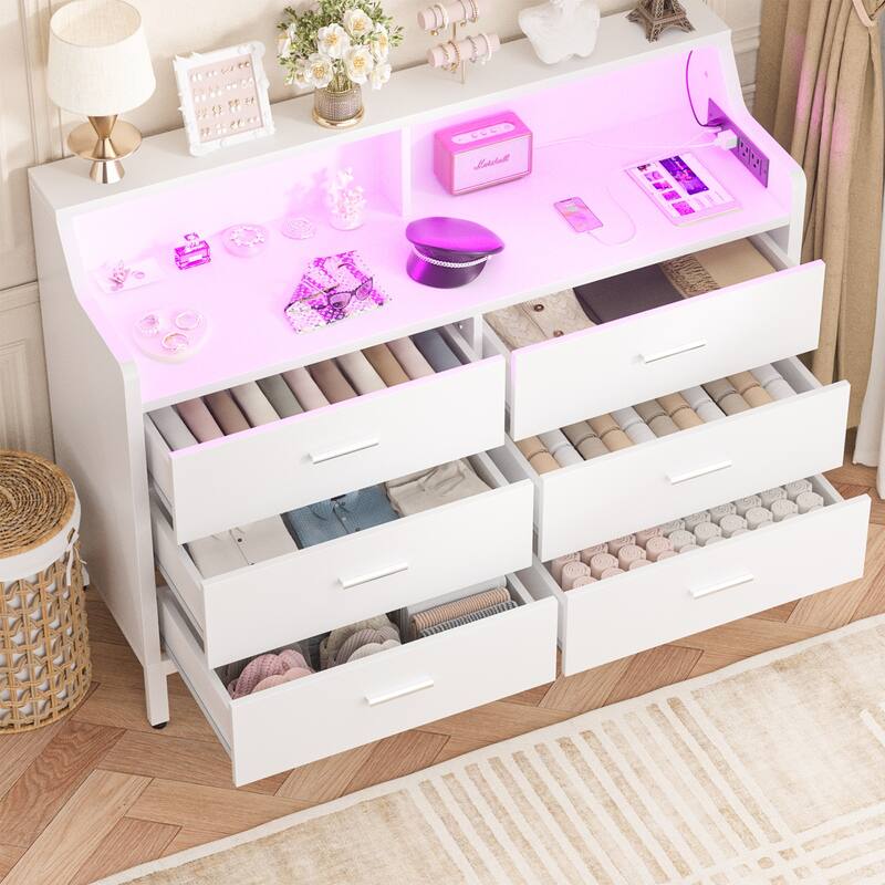 Dresser with Charge Station and LED Light, Chest of Drawers Closet Organizer with 6 Drawers