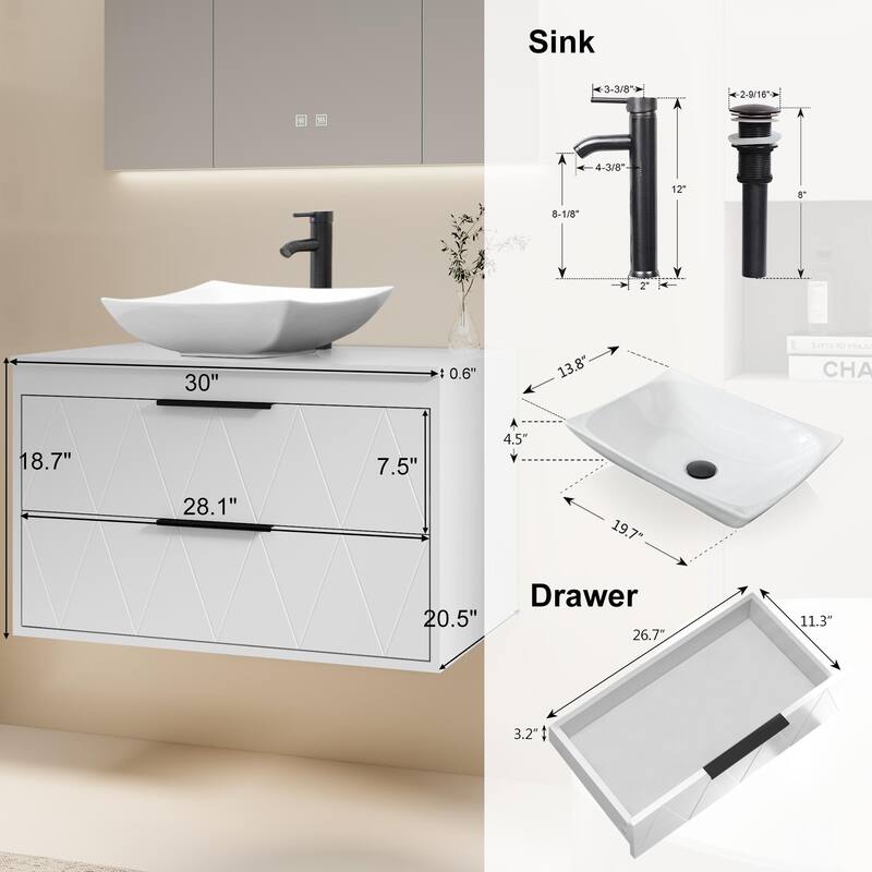 Modern Wall Mounted Bathroom Vanity Set with Vessel Sink & Faucet