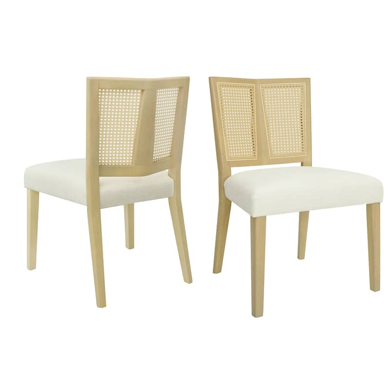 Fabric Dining Chairs Set of 2, Ergonomic Kitchen Side Chairs, Upholstered Accent Chair with Rattan Back & Solid Wood Legs - Beige,Natural Ash