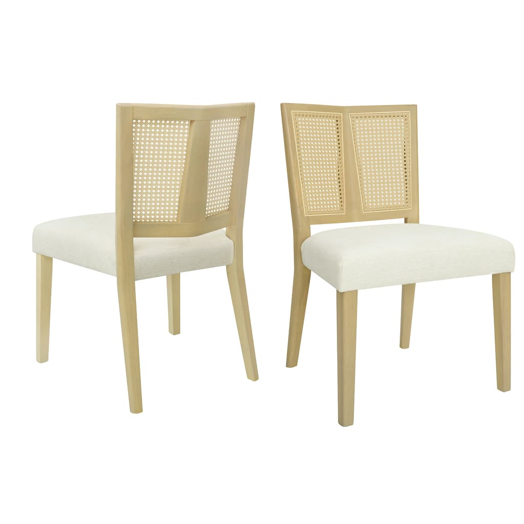 Fabric Dining Chairs Set of 2, Ergonomic Kitchen Side Chairs, Upholstered Accent Chair with Rattan Back & Solid Wood Legs