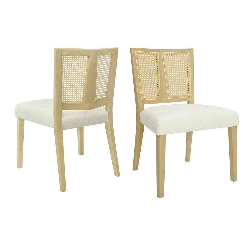 Mid-Century Armless Dining Chairs with Fabric Upholstered Seats and Rattan Trapezoidal Backs, for Dining Rooms, Set of 2