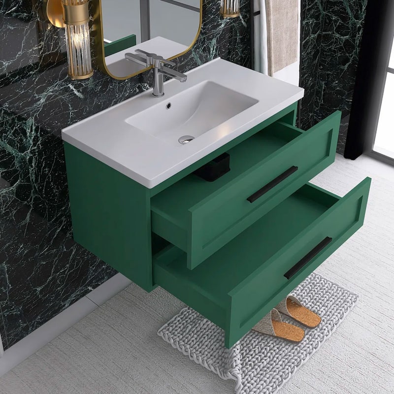 Wall-Mounted Bathroom Vanity in Green with White Ceramic Sink