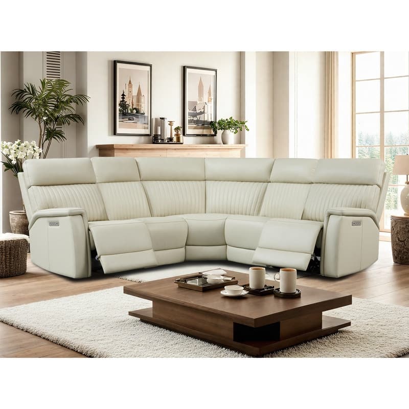 Genuine Leather Power Recliner Sectional with Power Ajustable Headrest and Lumbar, Zero Gravity, 2 Stationary Armlesschairs