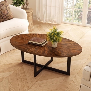 Solid Wood Contemporary Oval Coffee Table with Cross Metal Legs - Bed ...