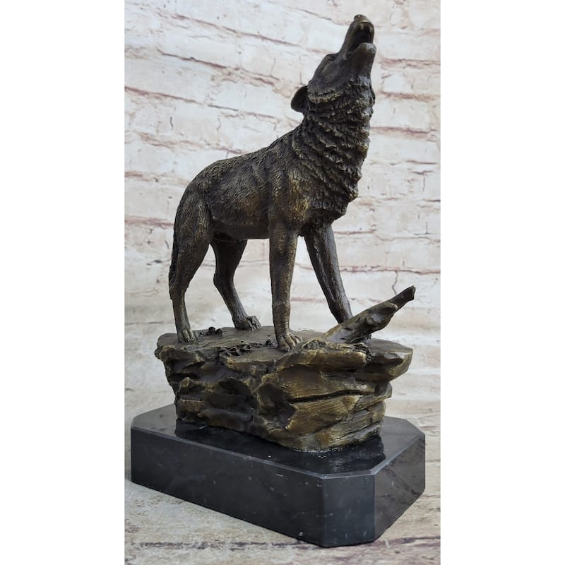 Signed Original Art Howling Imitative Wolf To The Moon Bronze Sculpture Marble Base Statue