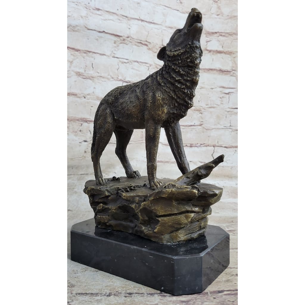 Signed Original Art Howling Imitative Wolf To The Moon Bronze Sculpture Marble Base Statue