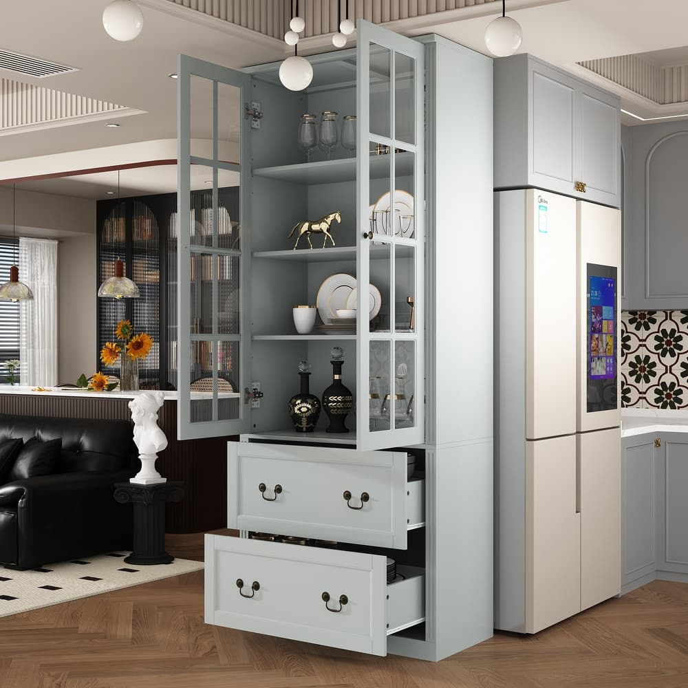 78.7" Combo Buffet Bookcase Storage Cabinet Glass Bookshelf Display