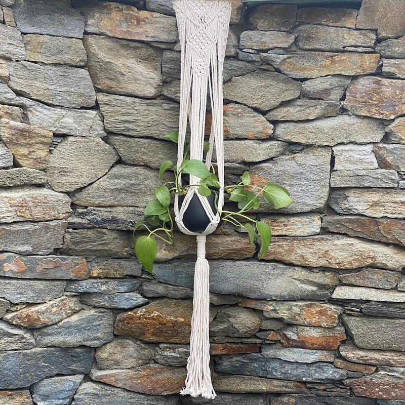 33" H hanging macrame with 4" Ceramic pot,Matte White
