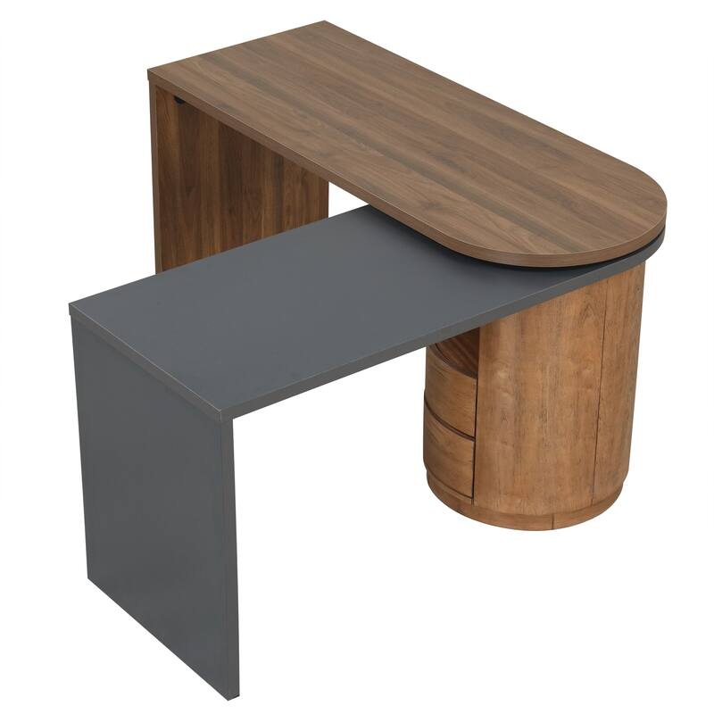 59"L Shaped Desk in Walnut with 2 Drawers,Open storage,360°Wood Rotating Desk,Executive Office Desk,Office Study Workstation