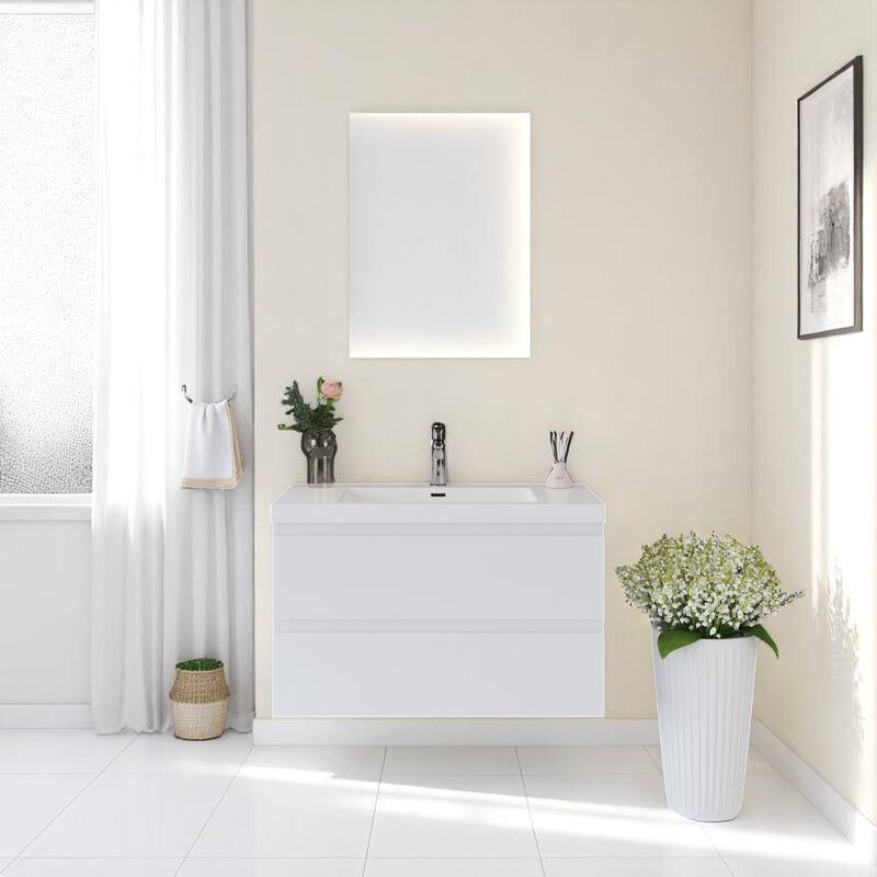 42" Wall-Mounted Bathroom Vanity with Glossy White Resin Sink - Modern Floating Bathroom Cabinet with Soft-Close Hinges - Glossy White - 36 in 36 in Wood