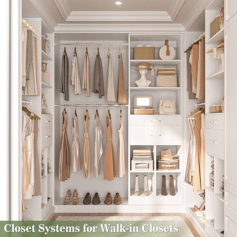 66''-100'' Walk-in Closet Organizer with 5 Hanging Rods and 2 Wooden Drawers，4-8FT Sturdy Closet System with Storage Shelves