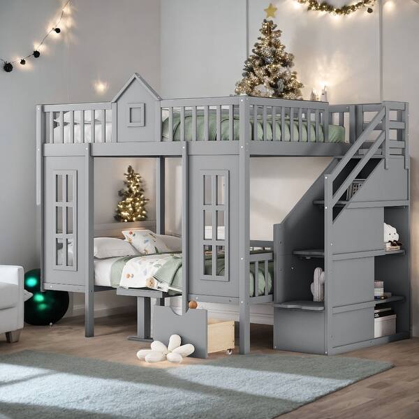slide 2 of 40, Full over Full Bunk Bed With Changeable Table,Conversation Desk Grey