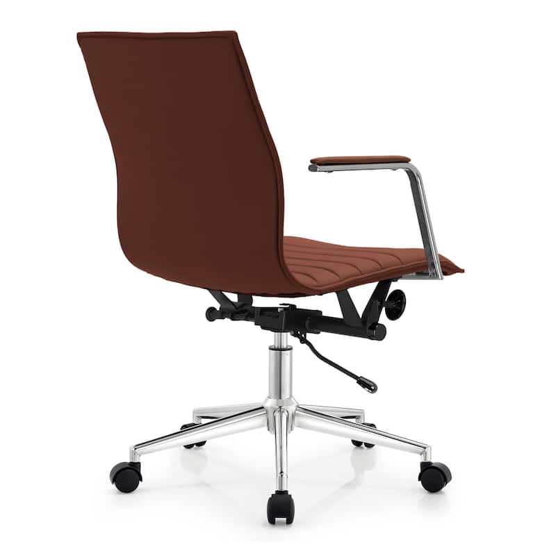 Modern Office Desk Chair | Upholstered PU Leather Ribbed Mid Back with Metal Frame | Adjustable Height, Tilt Lock