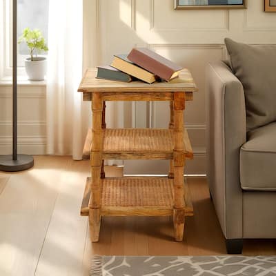 2-Shelf Handcrafted Wooden Side Table - 24" - Brown