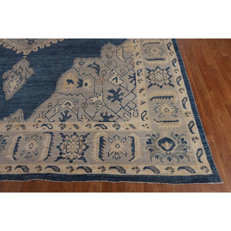 Blue Geometric Oushak Large Rug Hand-Knotted Wool Carpet - 9'10"x 13'10"