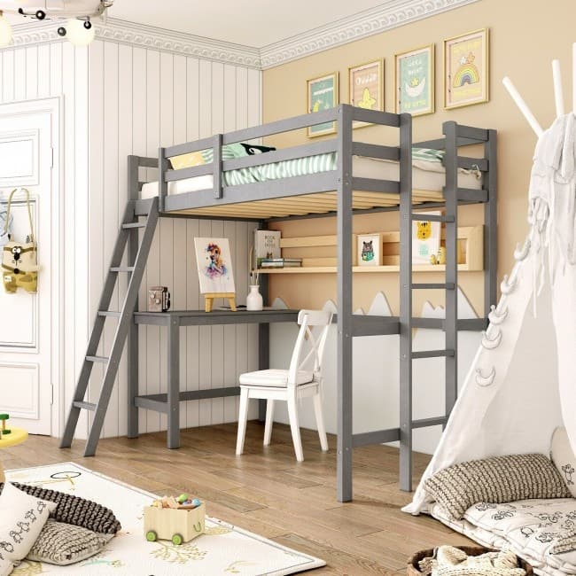 Twin Size Loft Bed Frame with Desk Angled and Built-in Ladder