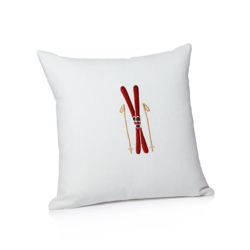 Ski Mountain Winter Scene Cotton Embroidered Throw Pillow, 16" x 16" - Skis & Poles