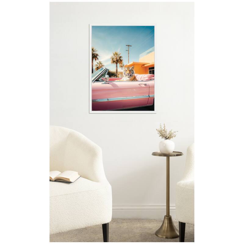 Kate and Laurel Cool Tiger Sitting in a Pink Classic Car by Michael Schauer Framed Canvas Wall Art Print