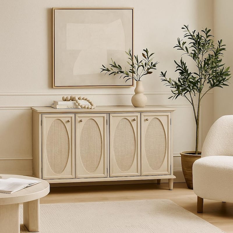 Wooden Geometric Washed Oval Rattan Front 4 Door Sideboard with Round Silver Knobs - Light Gray - Roche River Decor