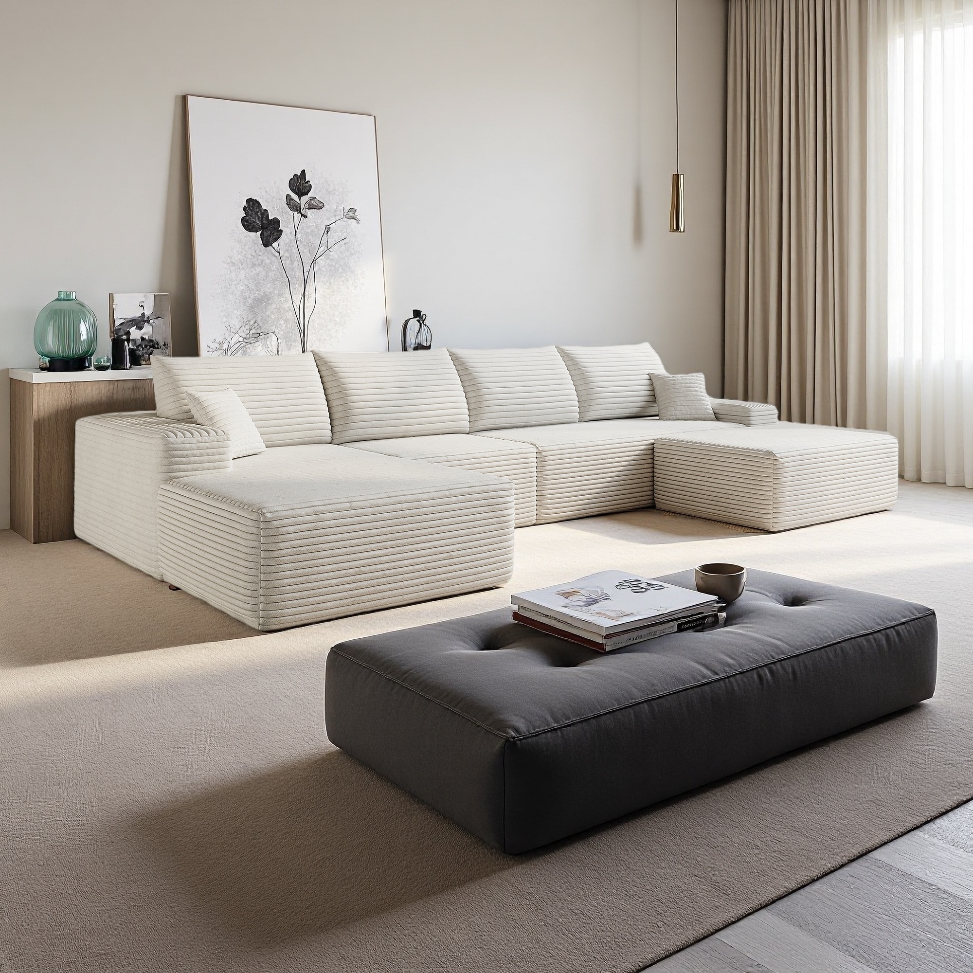 135" Plush Corduroy U-Shaped Sectional Sofa with Ottoman, Left Facing Chaise and Deep Seat Cushions