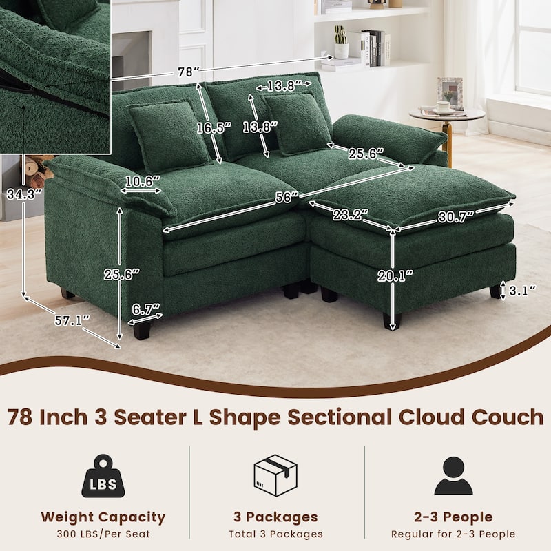 78" Comfy Cloud Couch Sectional Loveseat Boucle Sofa With Ottoman and Wide Armrests