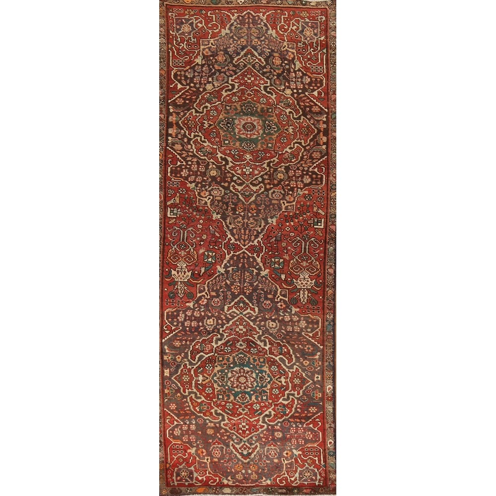 Hand Knotted Oriental 100% Wool Carpet Traditional Geometric Navy Blue & Blues Ardebil Runner Rug - 11' 2'' X 3' 1''
