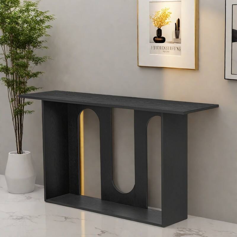 60" MDF Modern Curved Console Table - Water-Bent Ash Veneer with Lower Shelf - Black