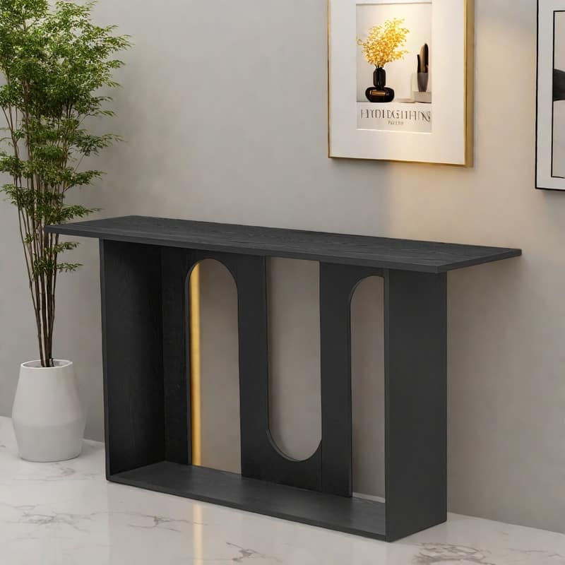 60" MDF Modern Curved Console Table - Water-Bent Ash Veneer with Lower Shelf