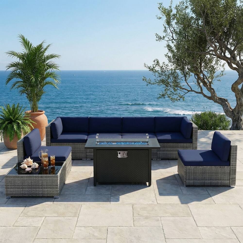 Outdoor Wicker Sectional Sofa 8-Piece Set with Fire Pit Table