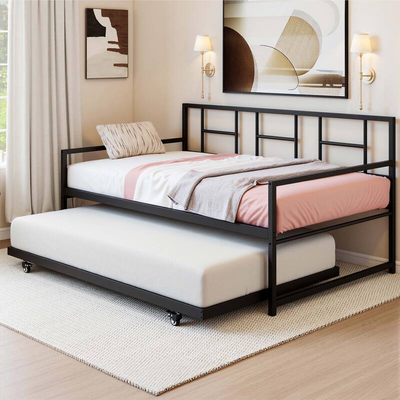 Moasis Twin Daybed with Pull Out Trundle, Metal Trundle Bed