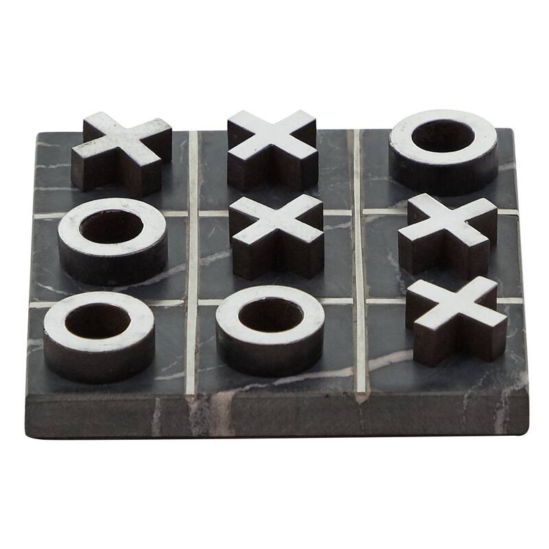 White or Black Marble Tic Tac Toe Game Set with Gold Inlay and Wood Pieces