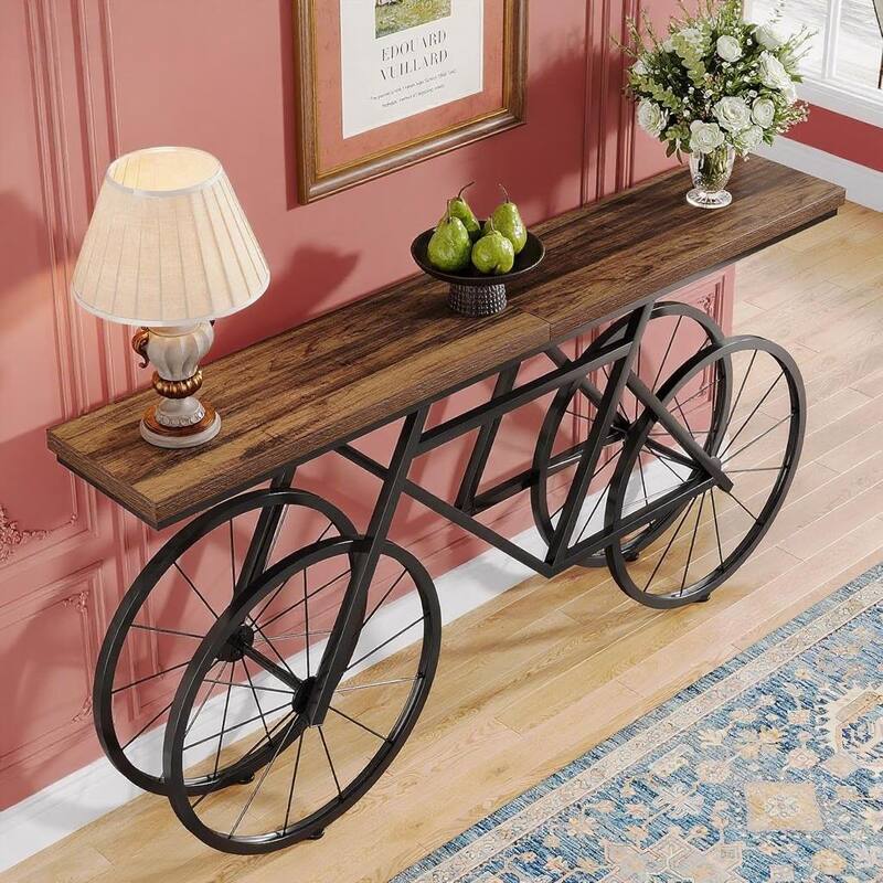Brown-Black MDF Console Table with Bicycle Metal Base and Spacious Top - 70.86” L x 11.81” W x 33.46” H