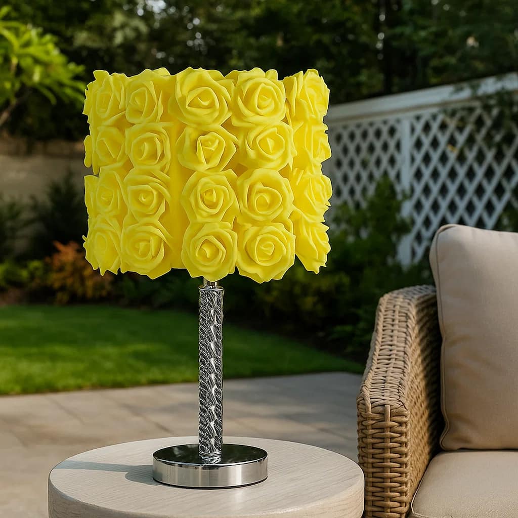 Bloom Roses Drum Shade Table Lamp with Twisted Acrylic Base, Yellow