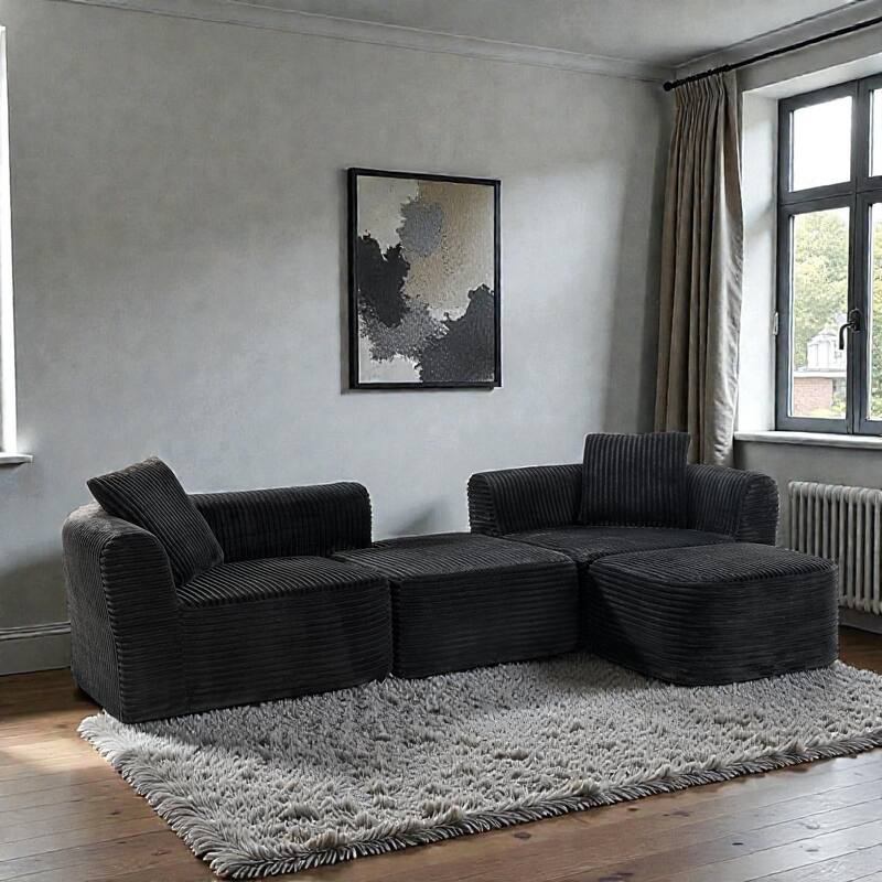 114" Cloud Sectional Couch with L Shape Chaise, Modular Corduroy Sofa with Movable Ottoman, No Assembly - Black