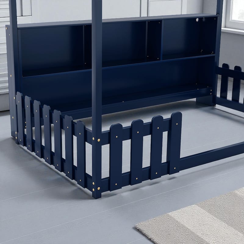 Twin Size Wooden House Bed with LED Light and Storage Bookshelf, Low Floor Kids Bed Frame with Guardrails