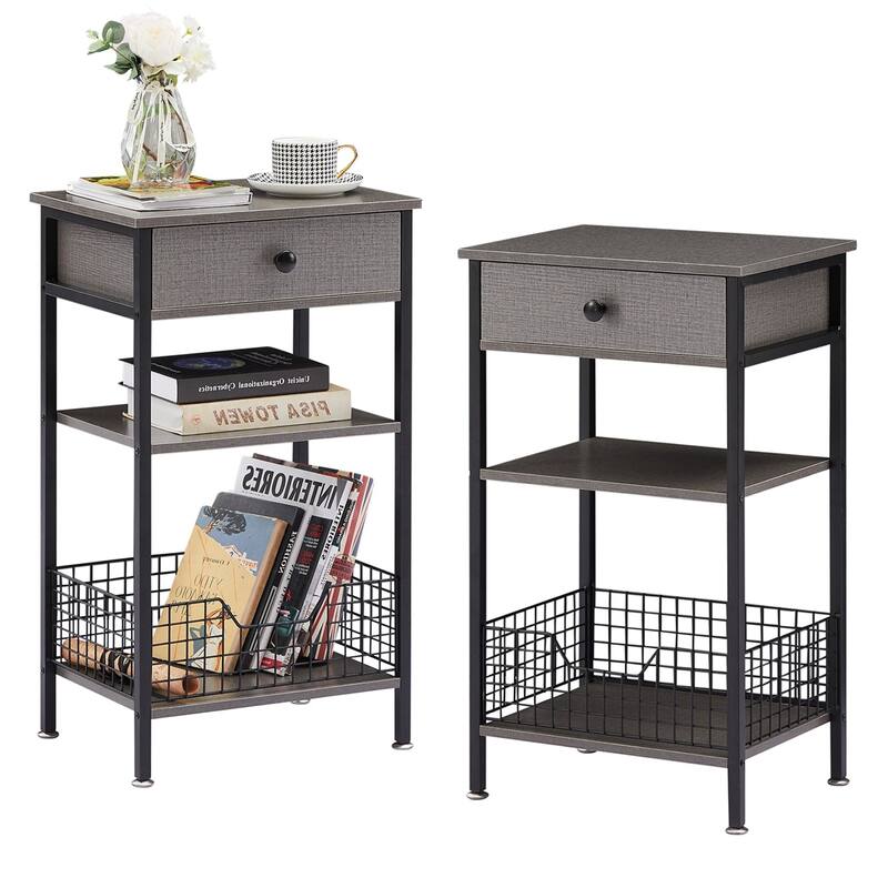 27.5" Tall Nightstand with 1-Drawer and Open Storage Shelf, Metal Frame and Fence Sofa End Table (Set of 2) - Hemp Gray