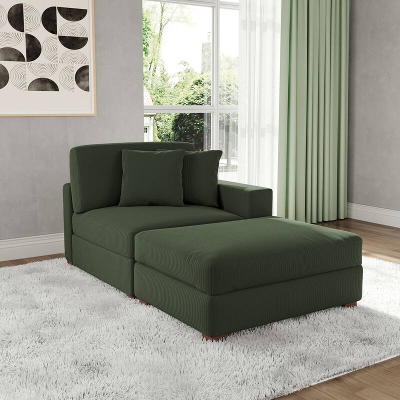 Corduroy Chaise Lounge Sofa with Ottoman for Living Room - Right - Green/Right