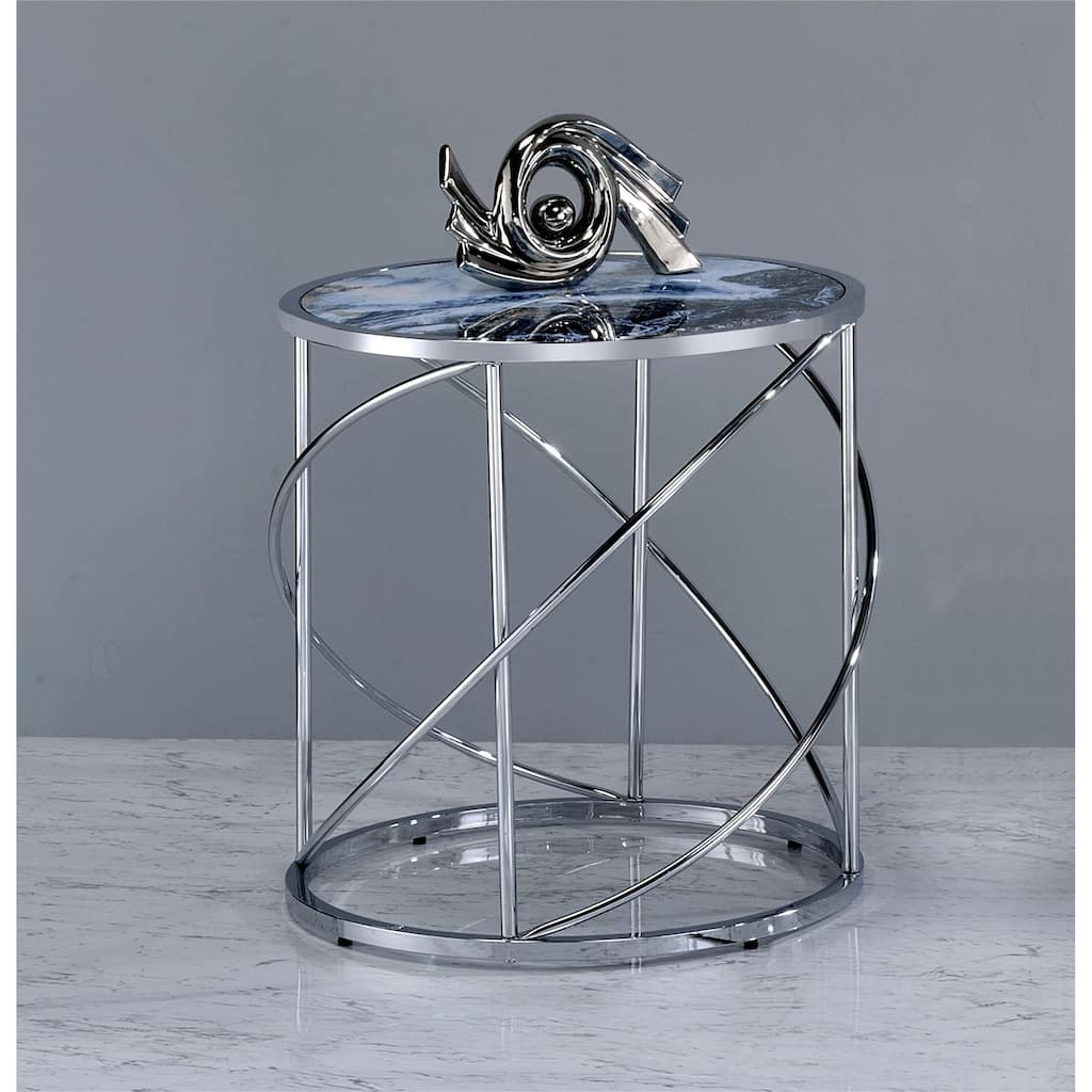 End Table, Blue Marble Print & Chrome Finish