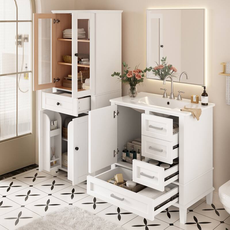GDFStudio - Fernwell Multifunctional 2-Piece Bathroom Storage Set with Integrated Ceramic Sink Vanity & Tall Cabinet