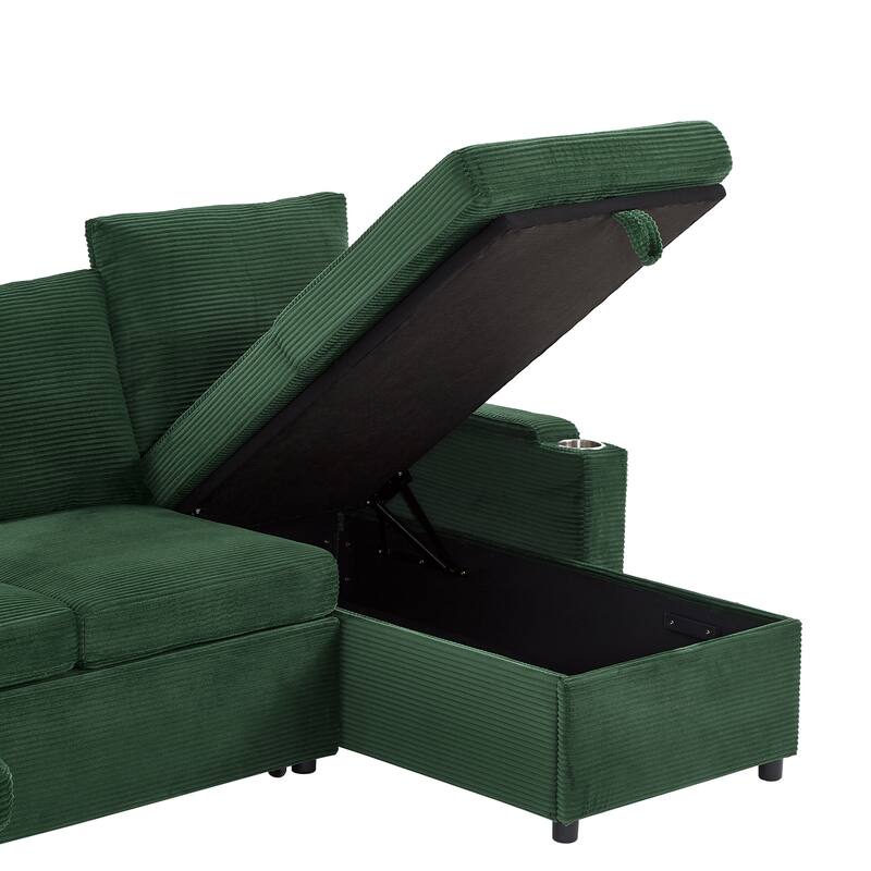 Roomfitters Convertible Sofa Bed 109.5" U-Shaped Sectional Upholstered Sofa with Storage Chaise, Cup Holders and USB Ports