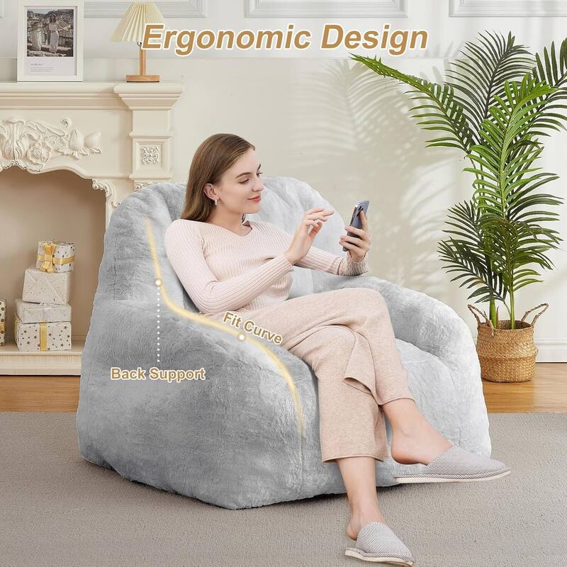 Faux Fur Stuffed Bean Bag Chair, Big Floor Lazy Sofa for Adults