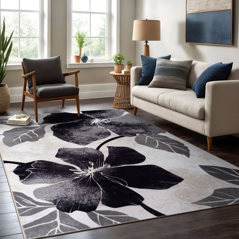Bahamas Black White Floral Non-Slip Rubber Back Indoor Area Rug