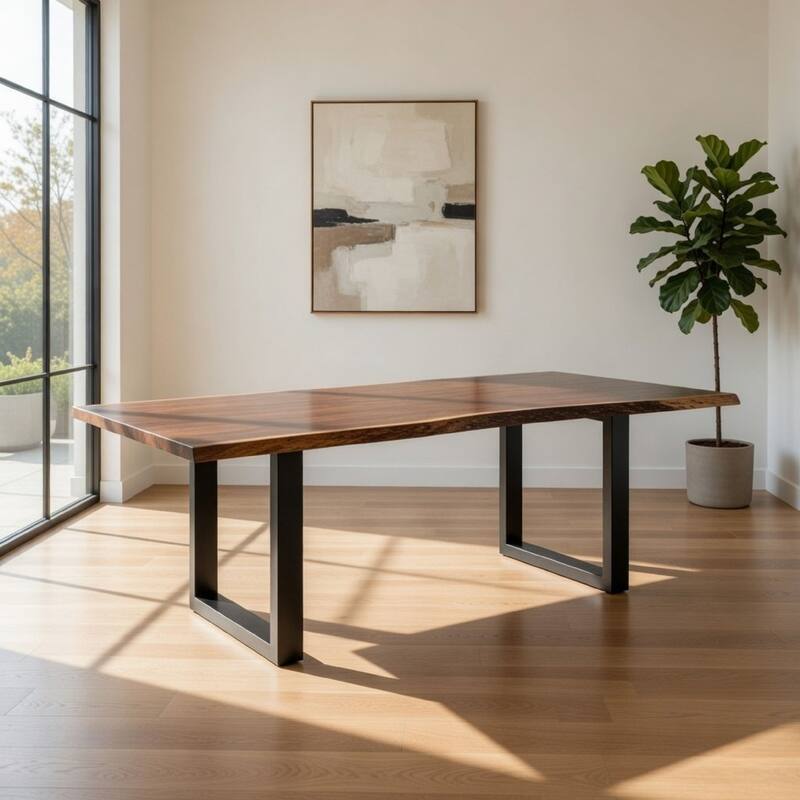 Cid Xue 102 Inch Dining Table, Live Edge, Rectangular, Metal, Brown, Black